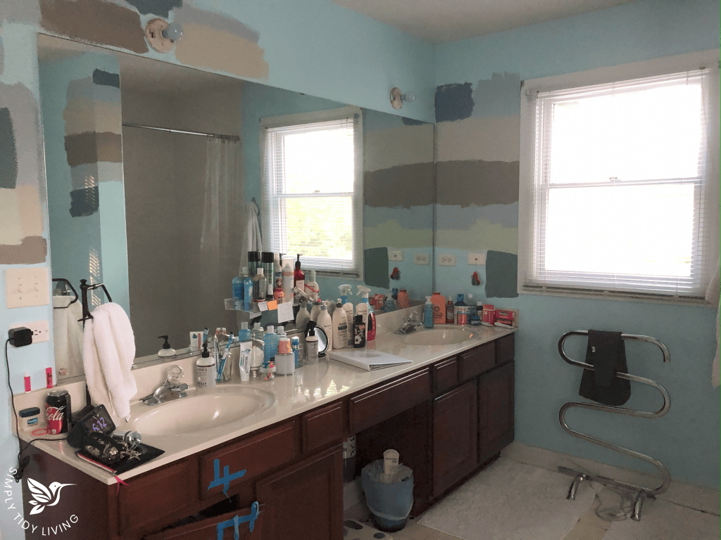 A bathroom with contained clutter, improved from the first image