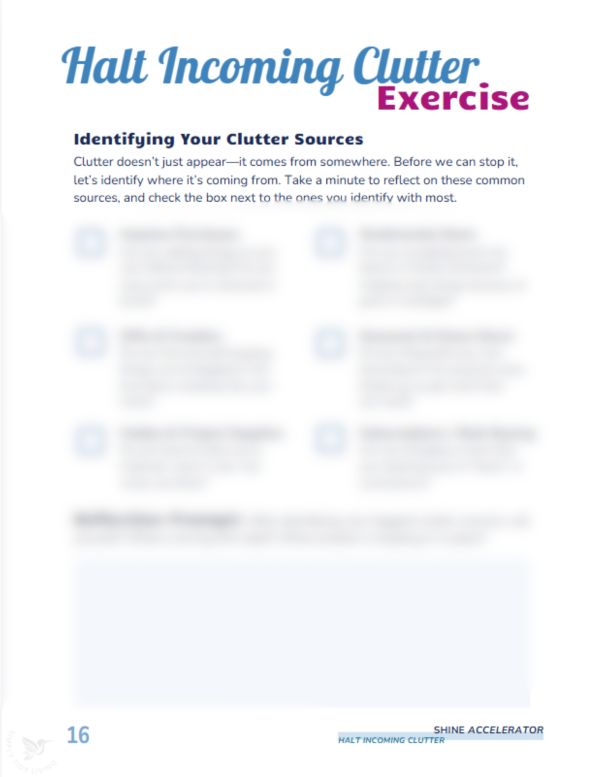 Accelerator Page 16 Blurred preview of the Halt Clutter worksheet from SHINE Accelerator. Shows the layout and structure of the printable tool without revealing full content.